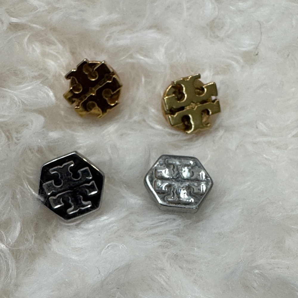Tory Burch Gold and Silver Logo Earrings 2 pair